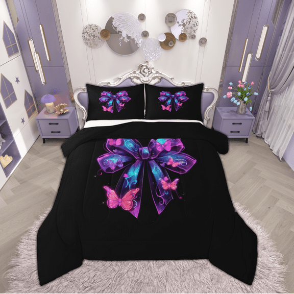 Manfei Kawaii Bowknot Kids Bedding Comforter Set, Dreamy Ribbon Animal Twin Comforter Sets, Neon Pink Butterfly Reversible Bedding Set, Ultra Soft Home Decor, 2pcs