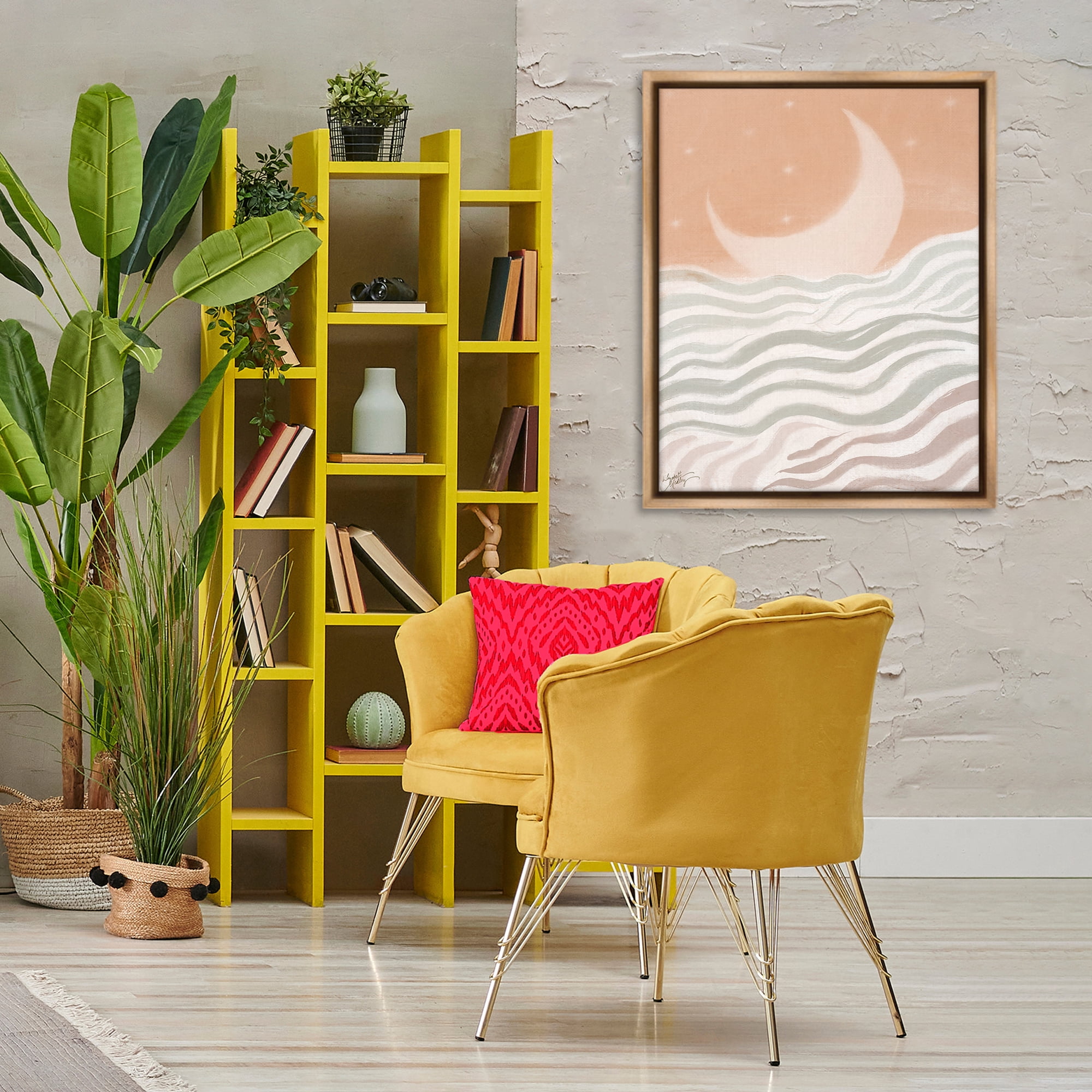 Stupell Industries Crescent Moon over Sea Landscape & Nature Painting Brown Floater Framed Canvas Art Print Wall Art, 25 x 31