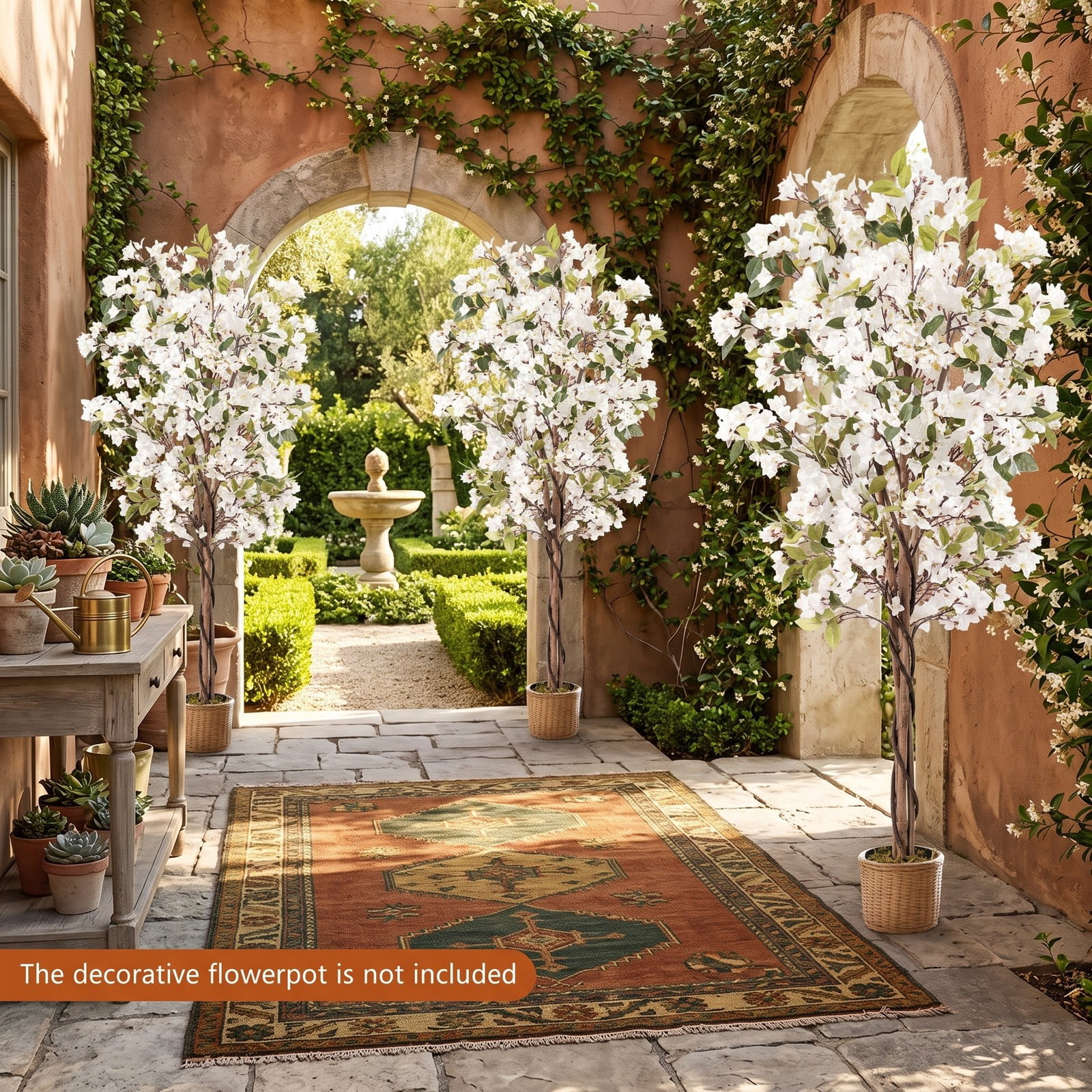 ALPULON 6 FT Artificial Bougainvillea Tree Set of 2 with 910 White Flowers, Faux Silk Flower Tree with Cement-Filled Planter for Indoor Outdoor Home Office Decor, White