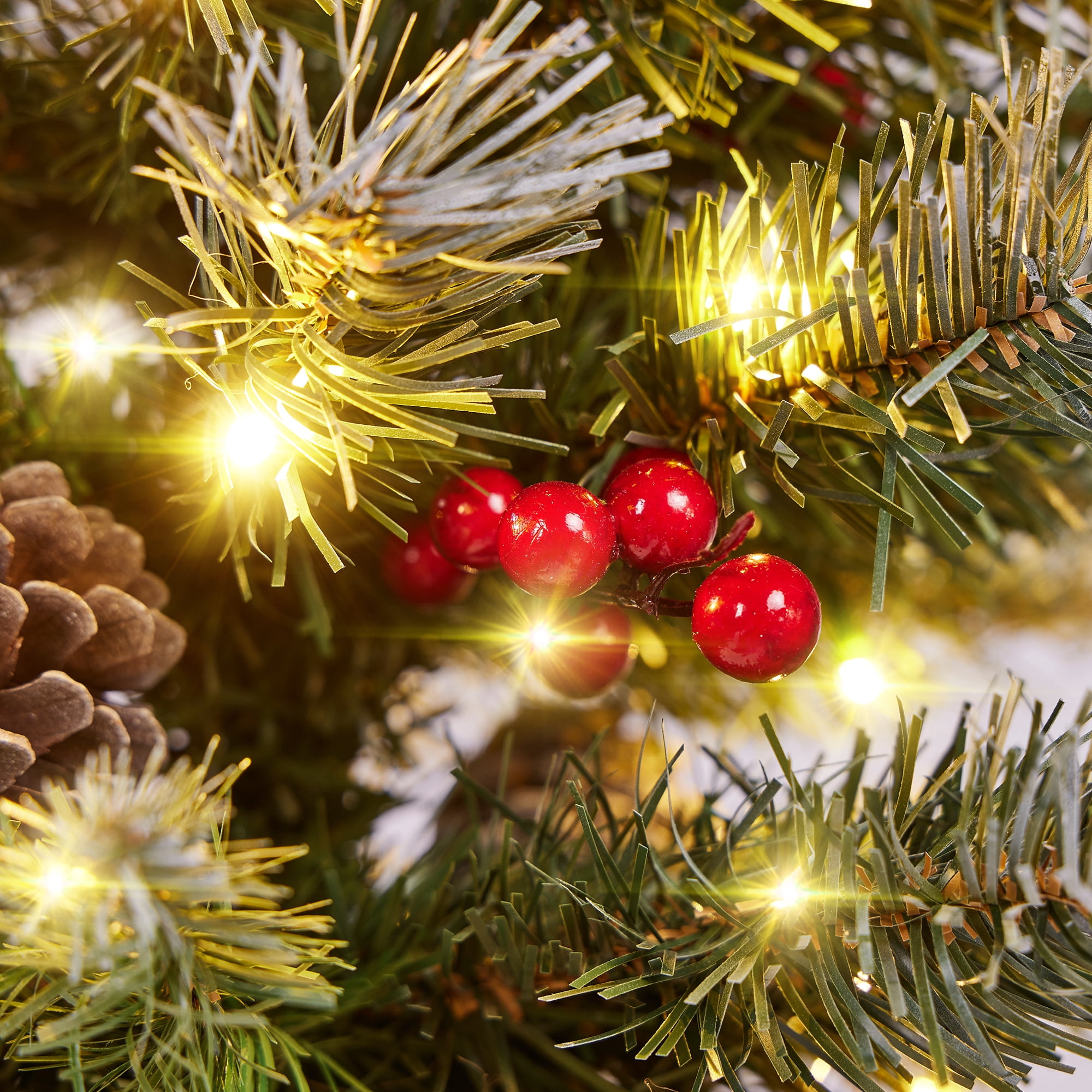 Alden Design Set of 2 3FT Frosted Tabletop Christmas Trees with Warm White LED Lights, Pinecones & Berries, Green