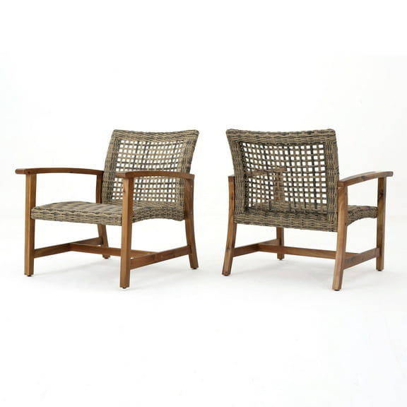 GDF Studio Savannah Outdoor Wood and Wicker Club Chairs, Set of 2, Natural and Gray