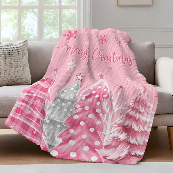 Pink Grey Christmas Tree Fleece Throw Blanket for Couch, Xmas Tree Snowflake Microfiber Flannel Blanket for All Season, Lightweight Soft Throw Blankets for Baby, Kids, Pets, 30"x40"