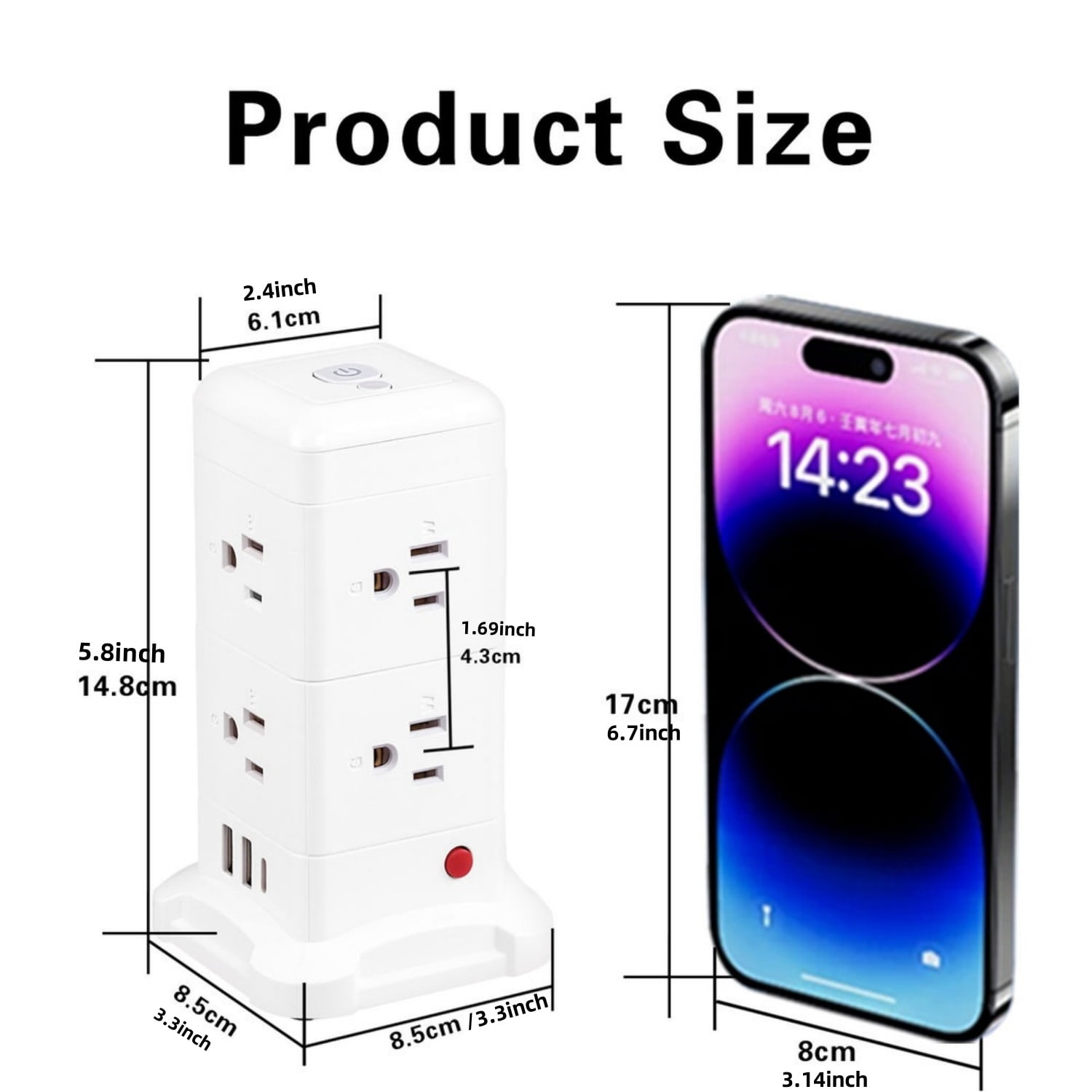 BEISHINK 8 Export Tower-Type Surge Protector with Night Light Function, Equipped with 3 USB Ports, 6.5FT Extension Cable, White Color