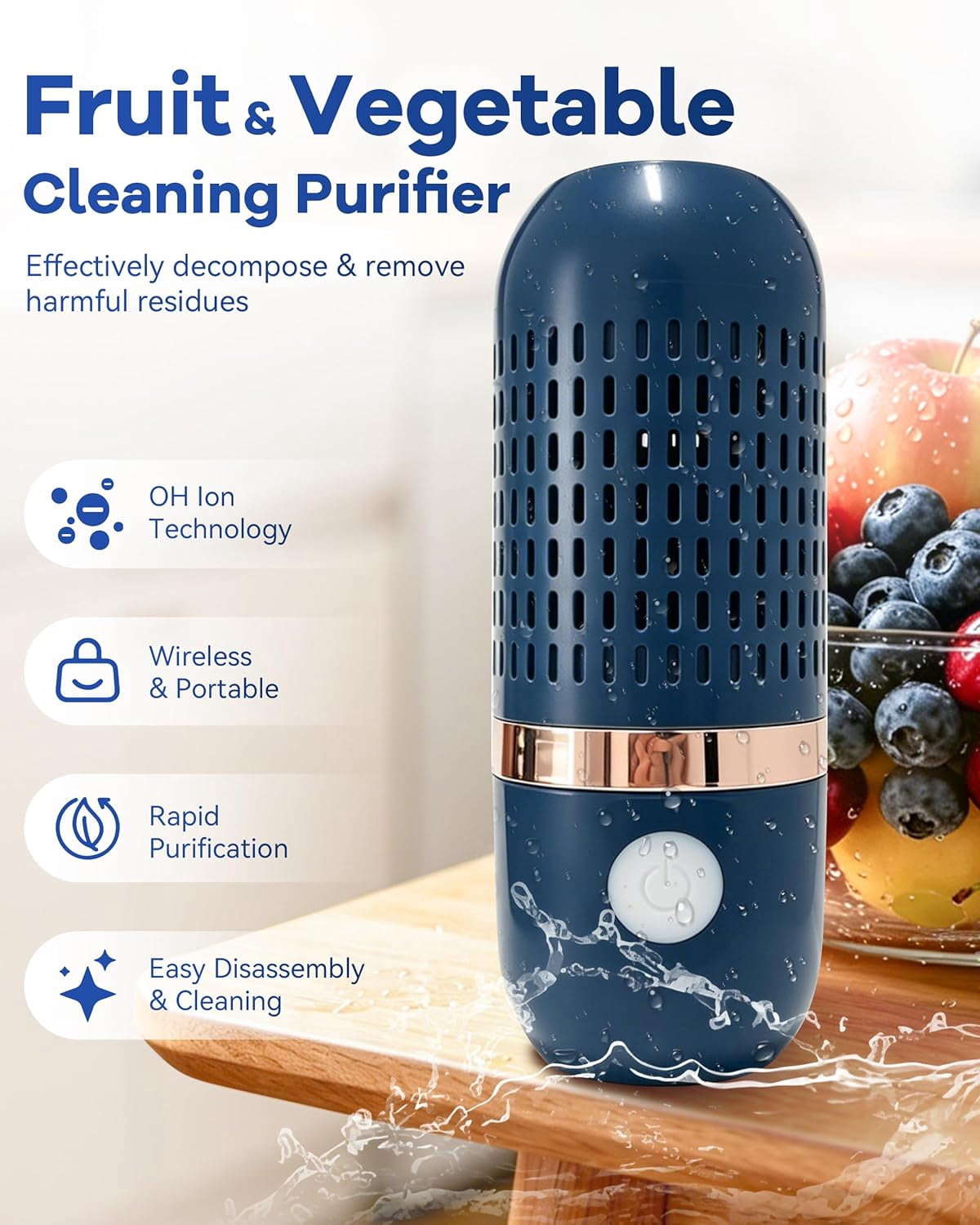 PUREPOD Produce Cleaner,Fruit and Vegetable Purifier Cleaner Washing Machine,Compact Kitchen Purifier,Portable Mini Ultrasonic Dishwasher,Ipx7 Waterproof,Oh-Ion Technology,Bule