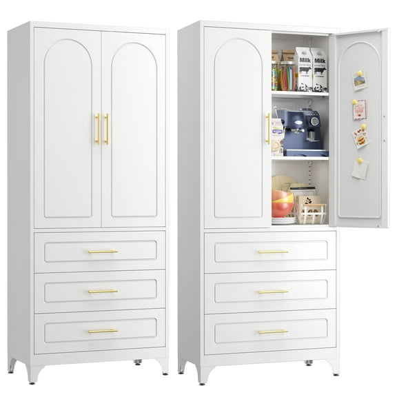 Polup Kitchen Pantry Cabinet, 75"H Pantry Cabinets with 3 Drawers, Food Cupboard with Doors, Metal Storage Cabinets, White