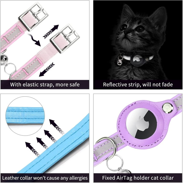 AirTag Cat Collar – Leather With Rose Gold Buckle, IP68 Waterproof, Elastic Safety Breakaway, Bell Included, Adjustable 8.5-12"