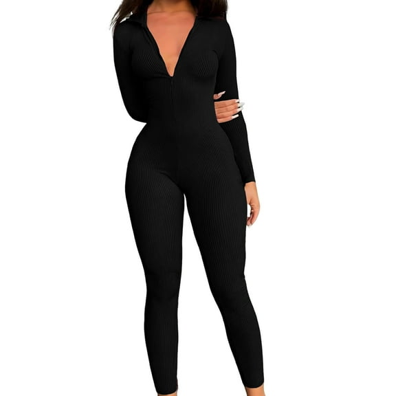 Women Long Sleeve Ribbed Jumpsuit Zip Up Front Workout Bodycon Romper Black M