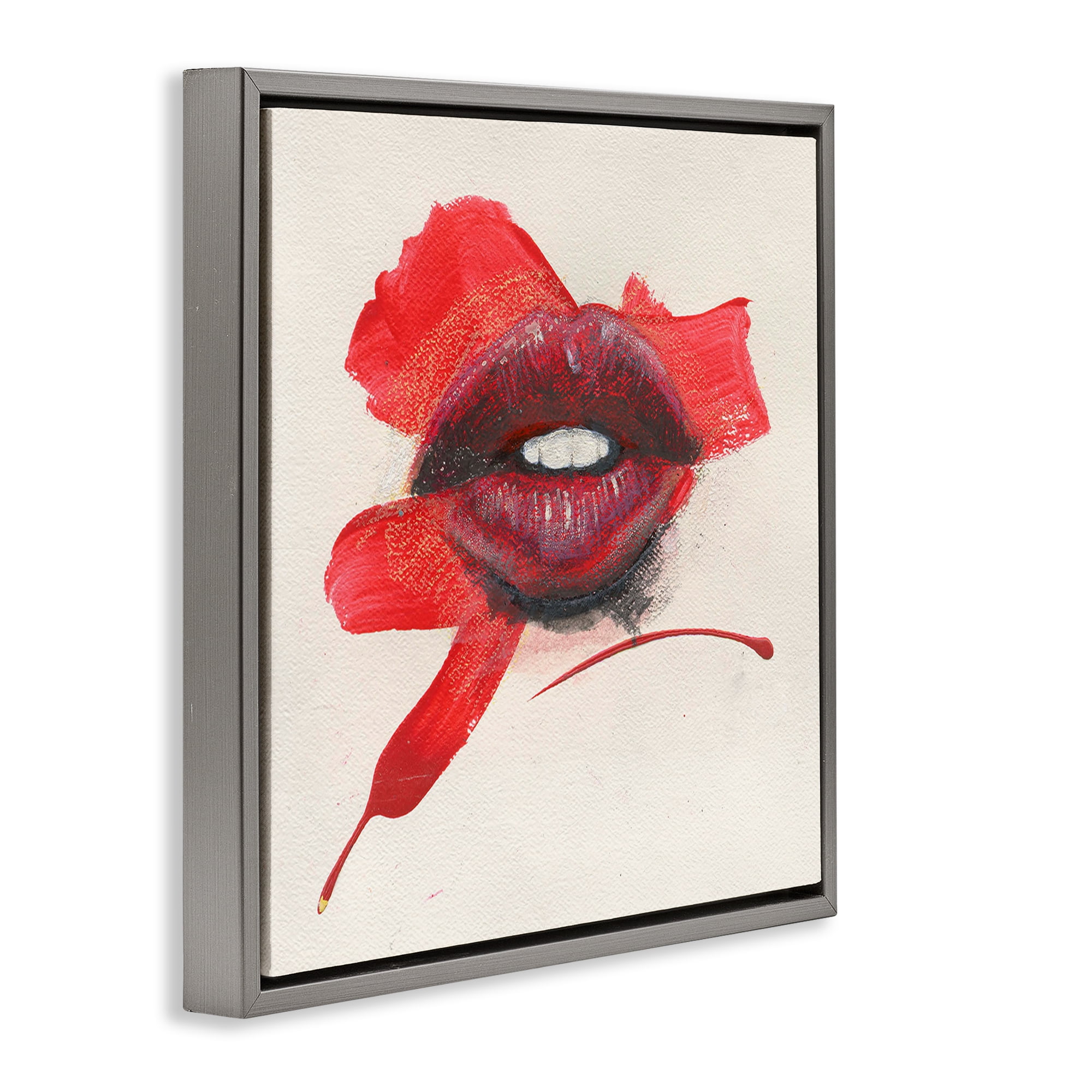 Stupell Industries Red Lips Paint Streak People Painting Gray Floater Framed Canvas Art Print Wall Art, 25 x 25