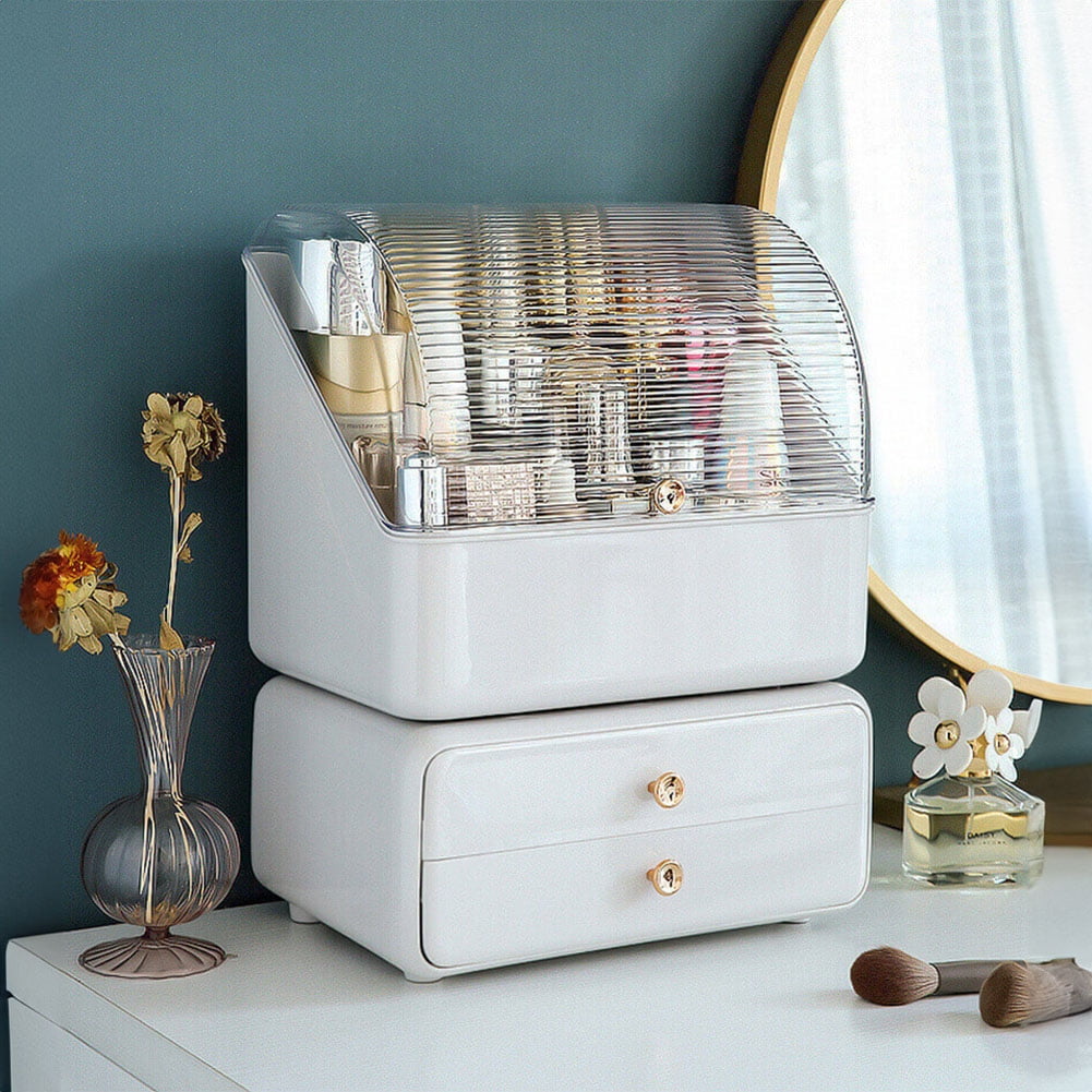Resenkos Modern Makeup Storage, Waterproof and Dustproof Makeup Organizer and Storage Cosmetics Organizer Box for Countertop with Lid & Drawers, White