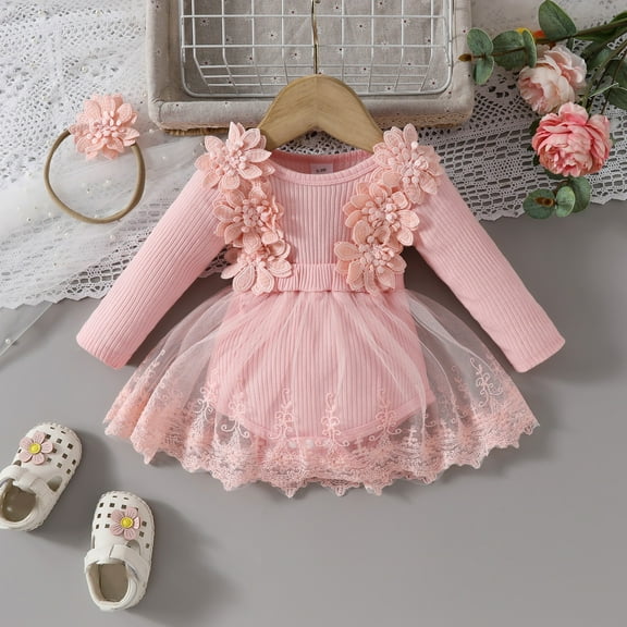 JMKQLZ Baby Girl Tulle Birthday Party Princess Dress Long Sleeve Lace Flower Tutu Romper Dress Newborn Fall Clothes