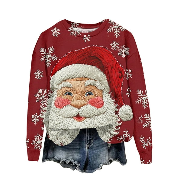 Ladies' Christmas Printed Casual Long Sleeved Round Neck Sports Hoodie Top, Comfortable Pullover for Women, Festive Holiday Apparel, Streetwear Style,Red,M