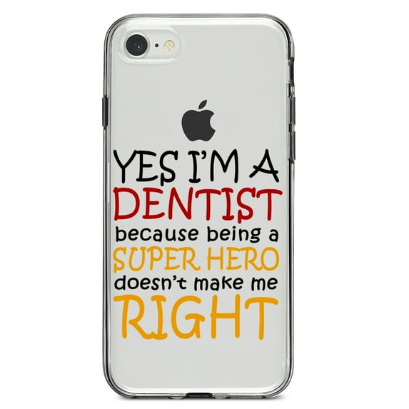 DistinctInk Clear Shockproof Hybrid Case for iPhone 7 8 SE (2020 Model) 4.7" Screen TPU Bumper Acrylic Back Tempered Glass Screen Protector - Yes I'm a Dentist Super Hero