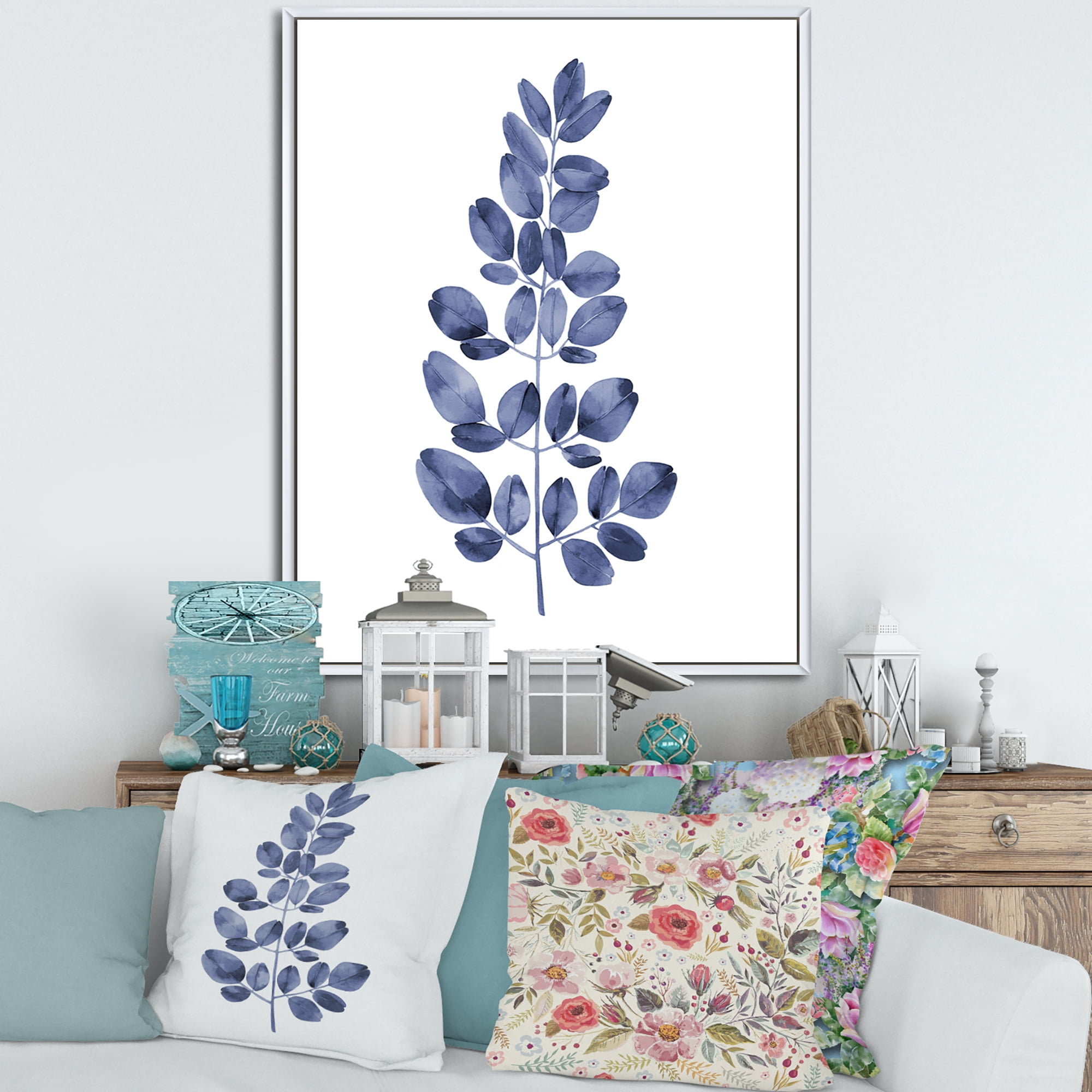 Designart 'Navy Blue Eucalyptus On White' Traditional Framed Canvas Wall Art Print