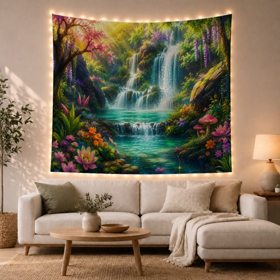 Fantasy Forest Waterfall with Mossy Rocks and Blooming Flowers, Mystical Fantasy for Plant Lovers, Nature Scene Art Decor, Birthday Gift, Tapestry Wall Hanging for Bedroom and Living Room