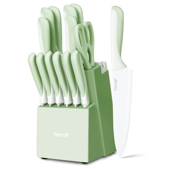 Juego de Cuchillos de Cocina hecef de 15 Piezas con Recubrimiento Antiadherente - Verde