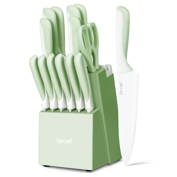 Juego de cuchillos de acero inoxidable de 15 piezas con bloque, cuchillos de cocina Hecef, revestimiento antiadherente de grado alimenticio, resistentes a la oxidación y mangos ergonómicos.