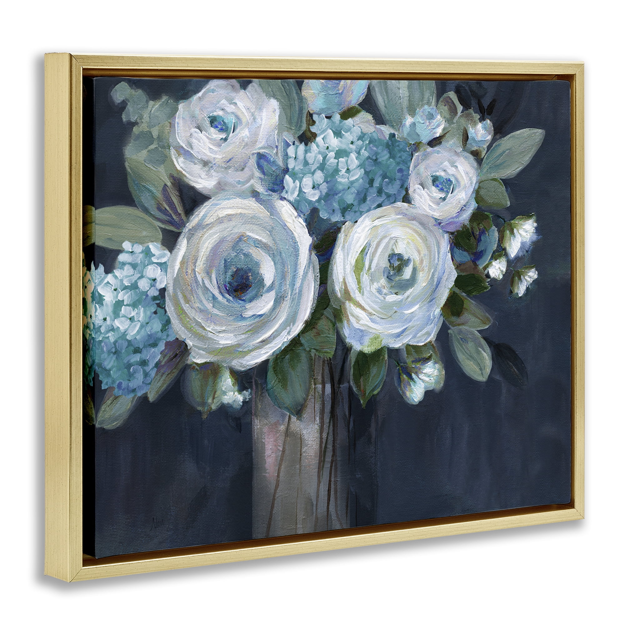 Stupell Industries Blue Mixed Bouquet Plants & Flowers Painting Gold Floater Framed Canvas Art Print Wall Art, 21 x 17