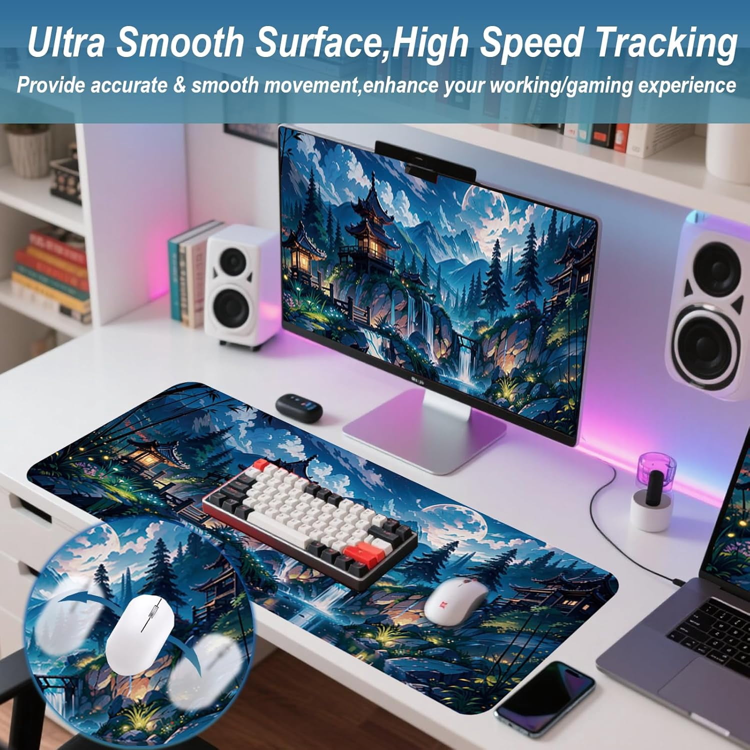Gaming Mouse Pad 31.5x11.8 inch XL Large Extended Mouse Pad, Big Mousepad Desk Mat for Computer with Non-Slip Rubber Base and Stitched Edge-Blue Moon