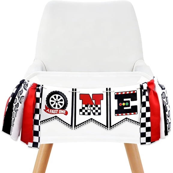 Sinekong Race Car High Chair Banner, Fast One Birthday Party Decorations, Red Vintage Racing 1st Birthday Smash Cake Banner