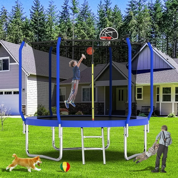 Yoneston 10FT Outdoor Trampoline with Basketball Hoop, 880LBS Heavy Duty Reinforced Trampoline with Safety Enclosure Net and Ladder for Kids Teens Playing Gift, Blue