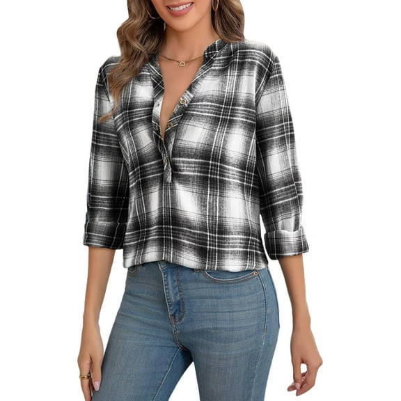 Women'S V Neck Plaid Shirts Dressy Casual Button-Down Business Work Boho Tops Long Sleeve Fall Outfits Black & White L