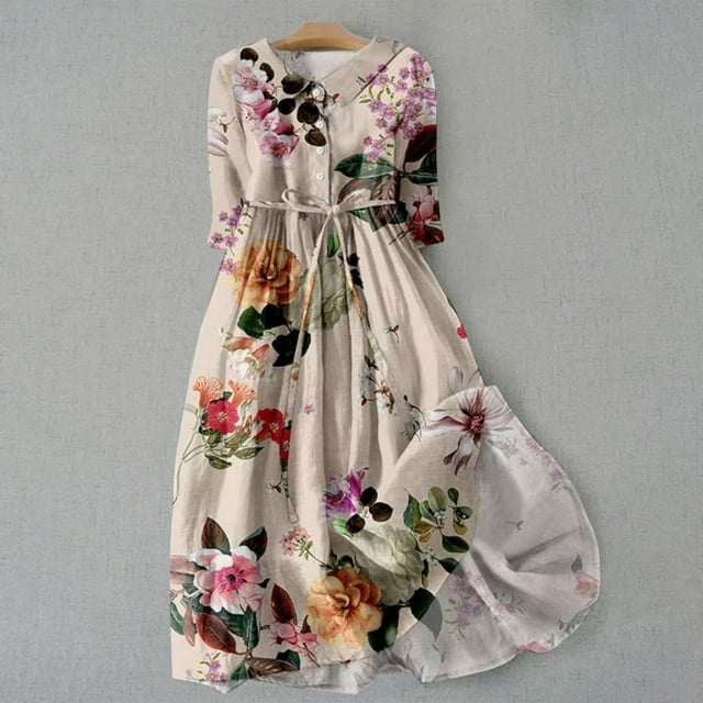 Fartey Robes Boho pour Femmes Midi Mode Imprimé Floral Manches 3/4 Robe Décontractée Été Respirante Fluide Coton Lin Robe de Plage Ample Confortable Col à Revers Taille à Cordon
