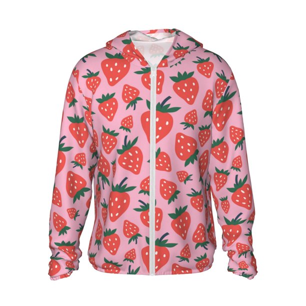 Balery Cartoon Strawberry Sudadera ligera de manga larga con capucha y protección solar UPF 50+ para hombre y mujer, ideal para pesca y running-Large