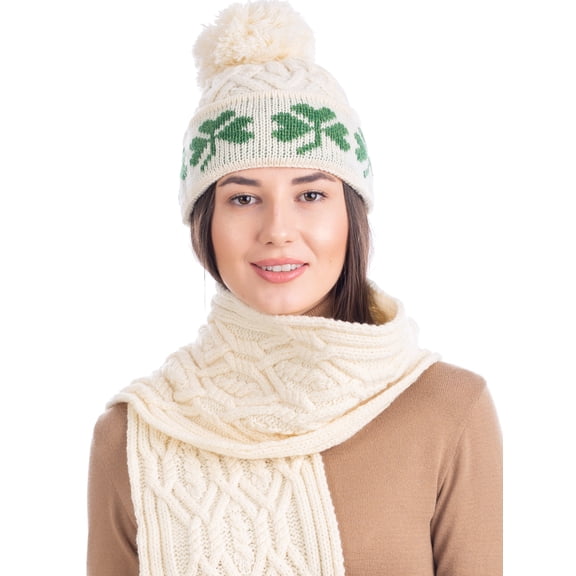 SAOL Aran Irish Shamrock Pom Pom Hat 100% Premium Merino Wool Warm Women`s Knitted Cap from Ireland