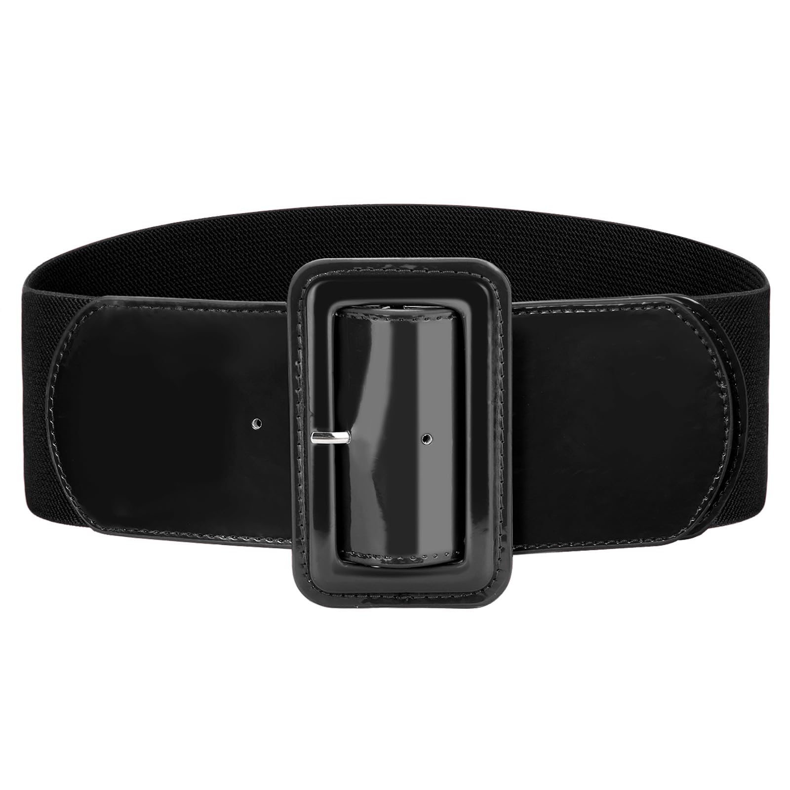 9556 Women Waist Belts For Jeans Wide Stretchy Retro Chunky Thick Black Black Elastic Waist Belt With Flat Silver Buckle (3 main image 3