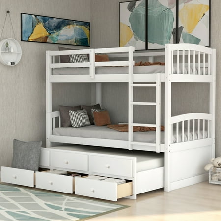 CLEARANCE! Twin Bunk Bed with Ladder  Safety Rail  Twin Trundle Bed with 3 Drawers for Teens Bedroom  Guest Room Furniture(White)