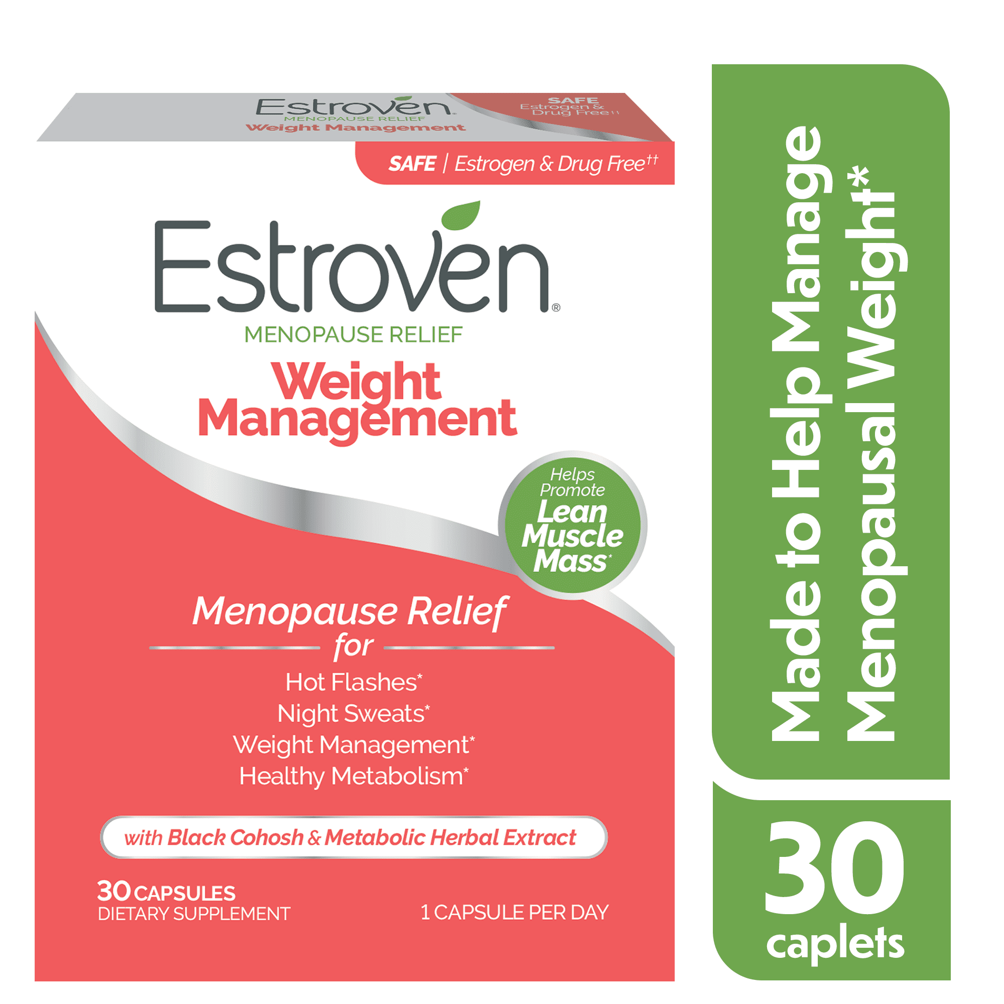 (2 pack) Estroven Menopause Relief Weight Management Daily Supplement, Support for Hot Flashes, Night Sweats, & Healthy Weight, 30 Count