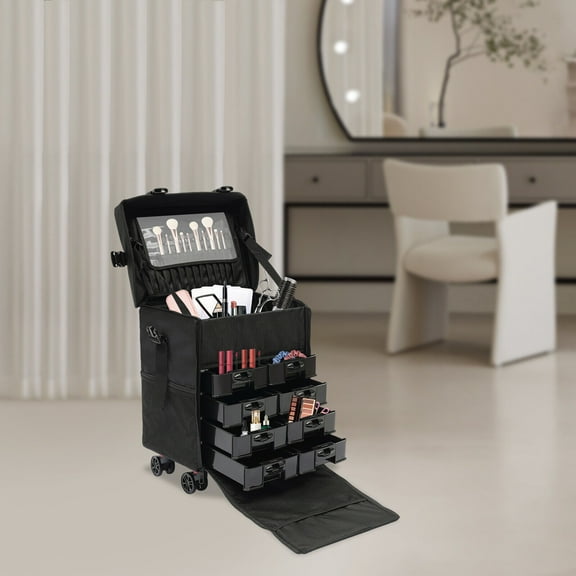 Professional Rolling Makeup Train Case Cosmetic Trolley Makeup Storage Black