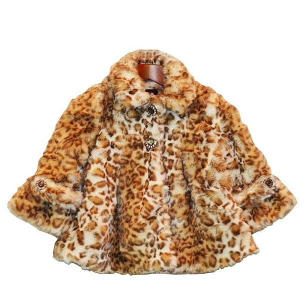 Girls Snow Leopard Faux Fur Coat, Faux Mink Leopard Fur Coat