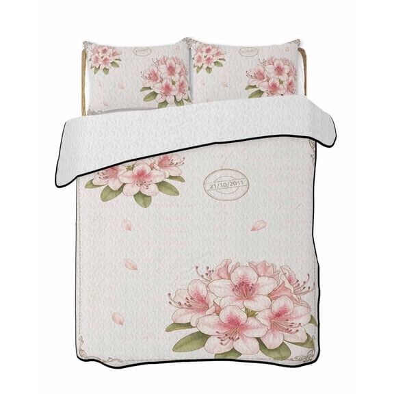 Quilts Twin Size Bedding Set, Pink Floral Blossom Lightweight Quilted Comforter, Farmhouse Spring Wildflowers Soft Reversible Bedspread Coverlet with Pillow Covers for All Season, 68" x 86"