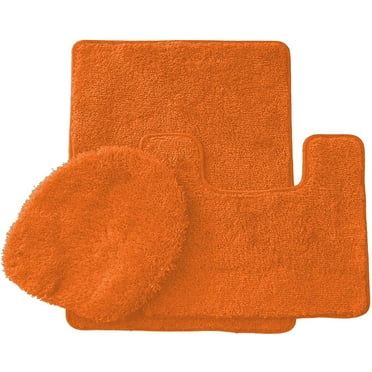 BathEssentials 3 Piece Bath Rug Set: 1 Bath Rug (18" x 30"), 1 Contour Mat (18" x 18") and 1 Toilet Seat Cover (apx 18" x 18") - Orange
