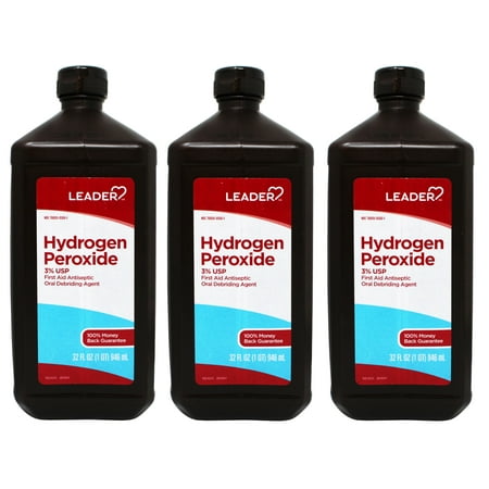 3 Pack - Leader Hydrogen Peroxide 3% USP Solution, First Aid Antiseptic, Oral Debriding Agent, 32 Fluid Ounces (1QT) 946 ML