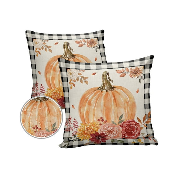 Pack of 2 Outdoor Pillow Covers, Fall Thanksgiving Watercolor Pumpkin Black Plaid Border Waterproof Square Throw Pillowcase Cushion Decorative Pillow Covers for Couch Patio Tent, 16x16 in
