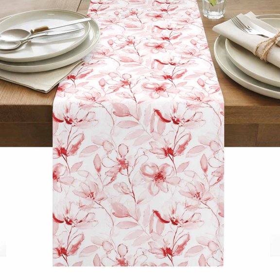 Pink Flower Table Runner - 60 Inch Long, Kitchen Dining Table Runner Dresser Scarves, Watercolor Floral Botanical Line Drawing Print Farmhouse Decor for Coffee Tables Wedding Party Banquet