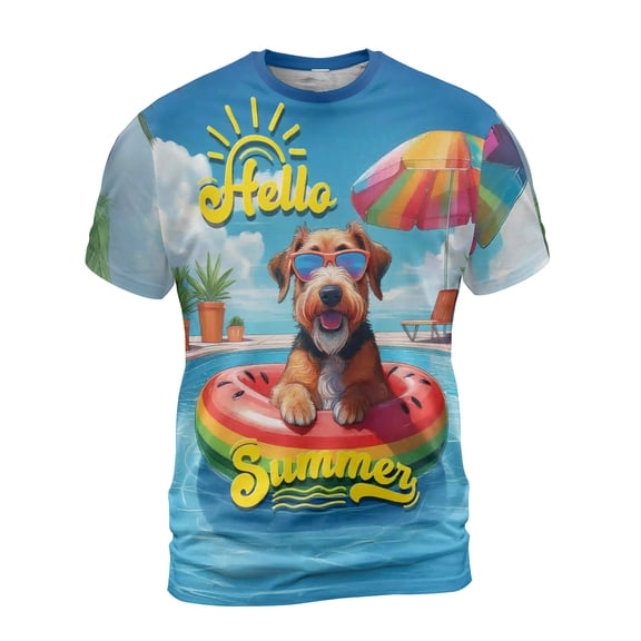 Hello Summer Airedale Terrier Pool Day on Watermelon Float All Over Print 3D Shirt Unisex Merch Dale Waterside Dog Lover - 13008