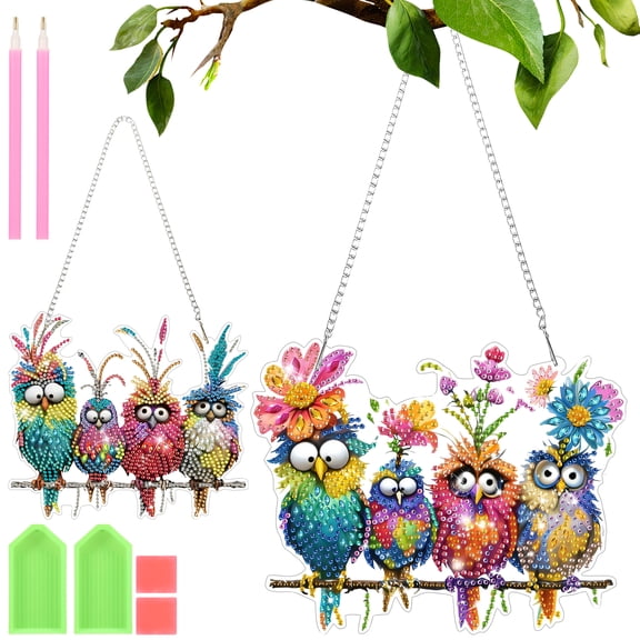 2 Pcs Diamond Art Kit for Adult Diamond Art Painting Window Pendant Home Garden Wall Hanging Kit Hanging Ornament DIY Acrylic Ornament (Bird)