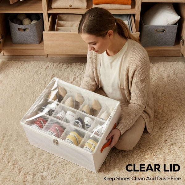 Riousery 2 Pack Foldable Shoe Organizer for Closet, Shoe Storage Bins with Clear Zipper Cover and Handles, Holds up to 24 Pairs, Beige