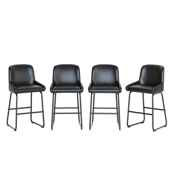 26" Counter Height Bar Stools Set of 4, Faux Leather Upholstered Bar Chairs with Backrest & Footrest, Modern Kitchen Island Bar Stools with Metal Frame, Dining & Counter Stools for Kitchen, Black