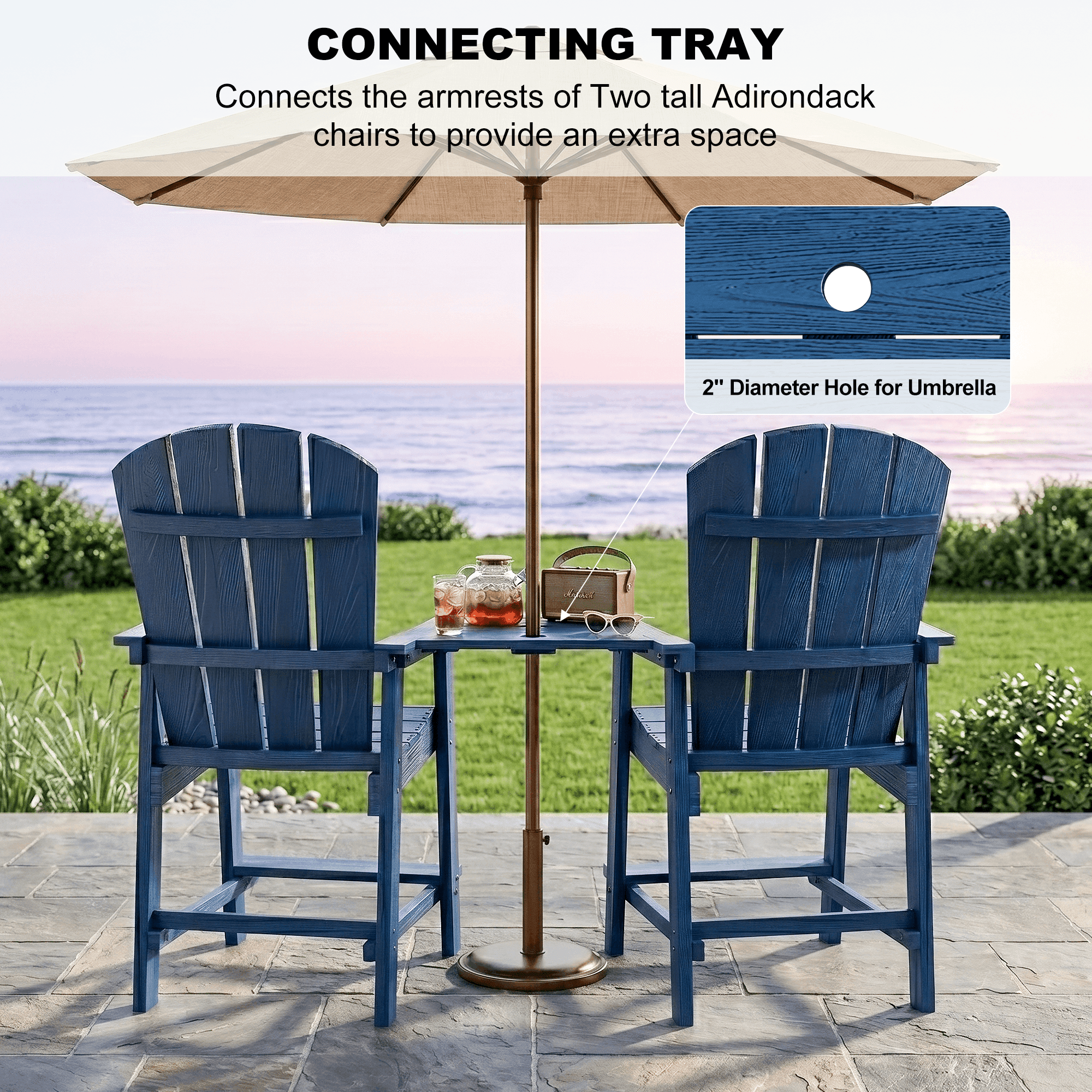 2-Piece Outdoor Adirondack Chair With Table, High Adirondack Chairs with Removable Trays, All Weather Outdoor Adirondack Barstools for Patio, Balcony, Backyard, Deck and Garden