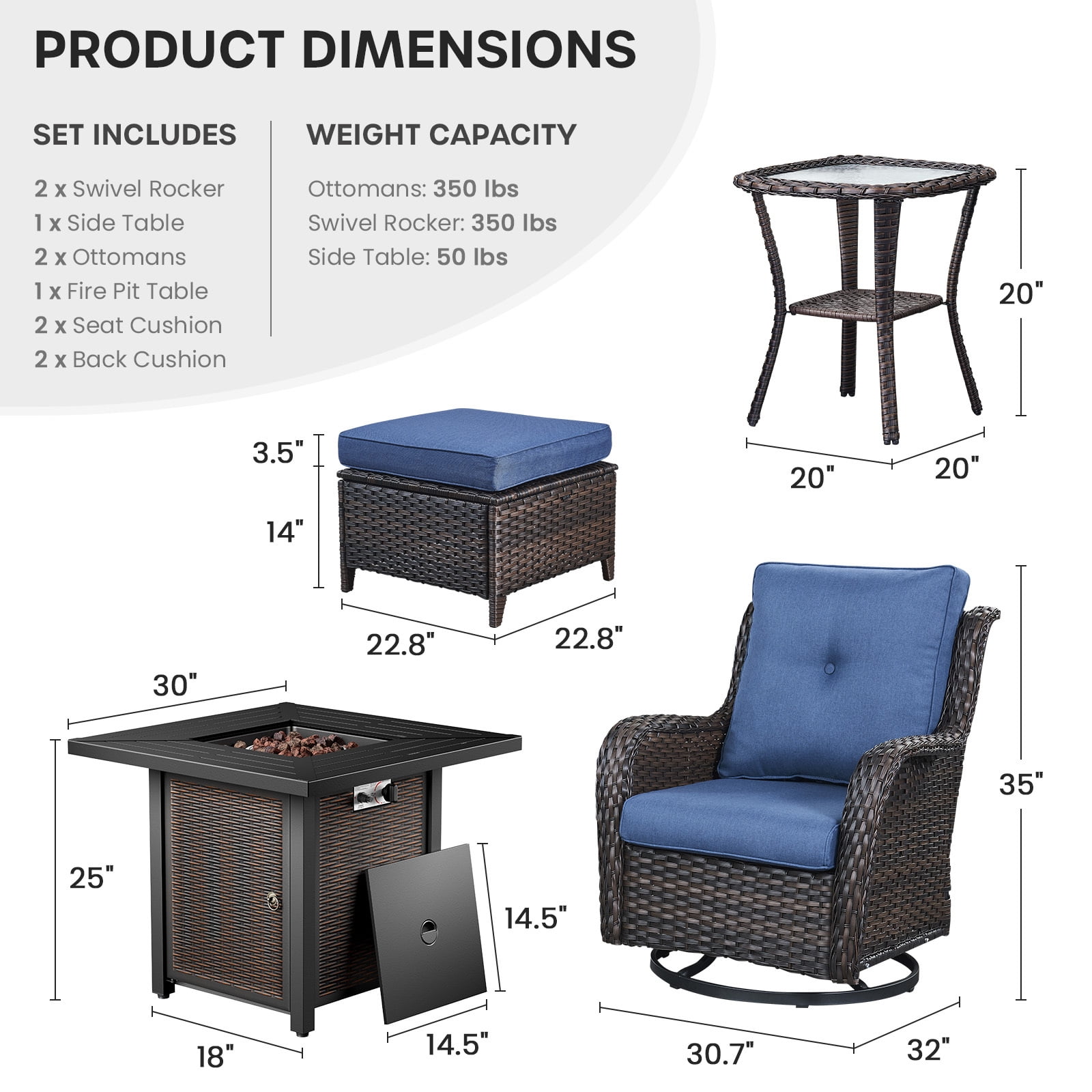 Bellefurn 6 Pieces Patio Furniture Sets with Fire Pit and Swivel Rocker Chairs,Outdoor Furniture with Fire Pit & Ottoman Outdoor Conversation Set for Porch Deck Backyard Poolside