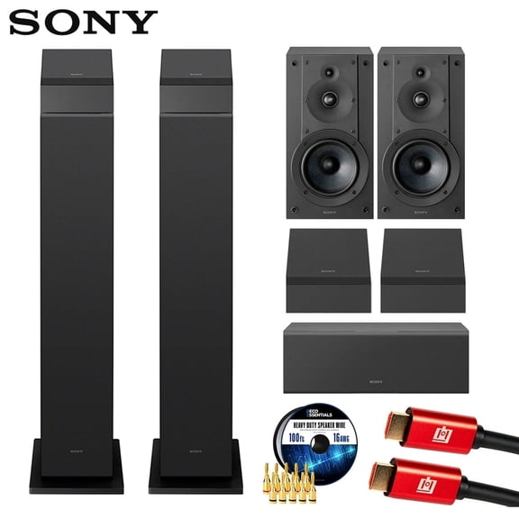 Sony SS-CS3M2 3-way 4-driver Hi-res Floorstanding Speaker, Black (Pair) 2025 Bundle with Center Channel Speaker   2x Bookshelf Speaker   2x Upfiring Speaker   Speaker Wire   Banana plugs   HDMI Cable