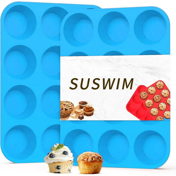 SUSWIM 2 Pack Silicone Muffin Pan & Cupcake Pans for Baking - 12 Cup Regular Size Egg Bites Molds （Blue）