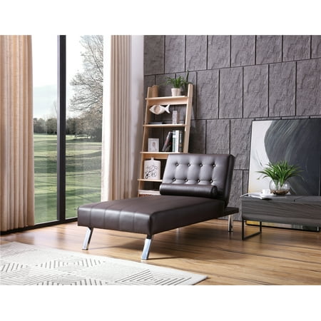 Brown Leather Chaise - Button Tufted Back Convertible Chaise Lounger with Lumber Support Pillow, Brown Color