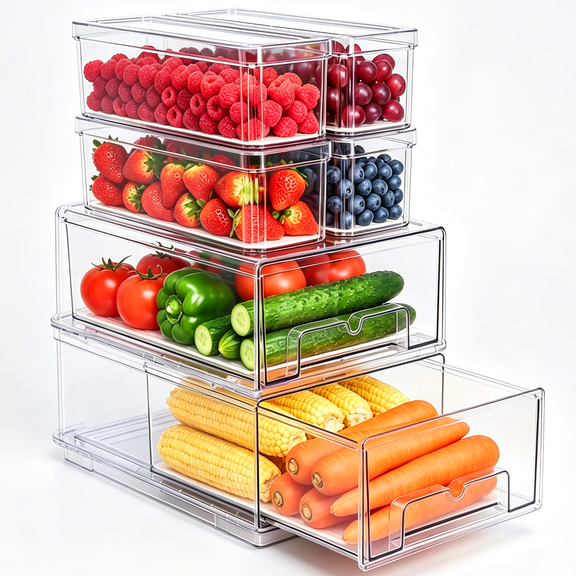 6 Pack Pull Out Fridge Organizer Bins with Lids, Clear Fridge Drawer Organizer with Strainer Layer, Stackable Refrigerator Drawer Organizer Bins for Kitchen, Countertops, Fruits, Vegetables, Drinks