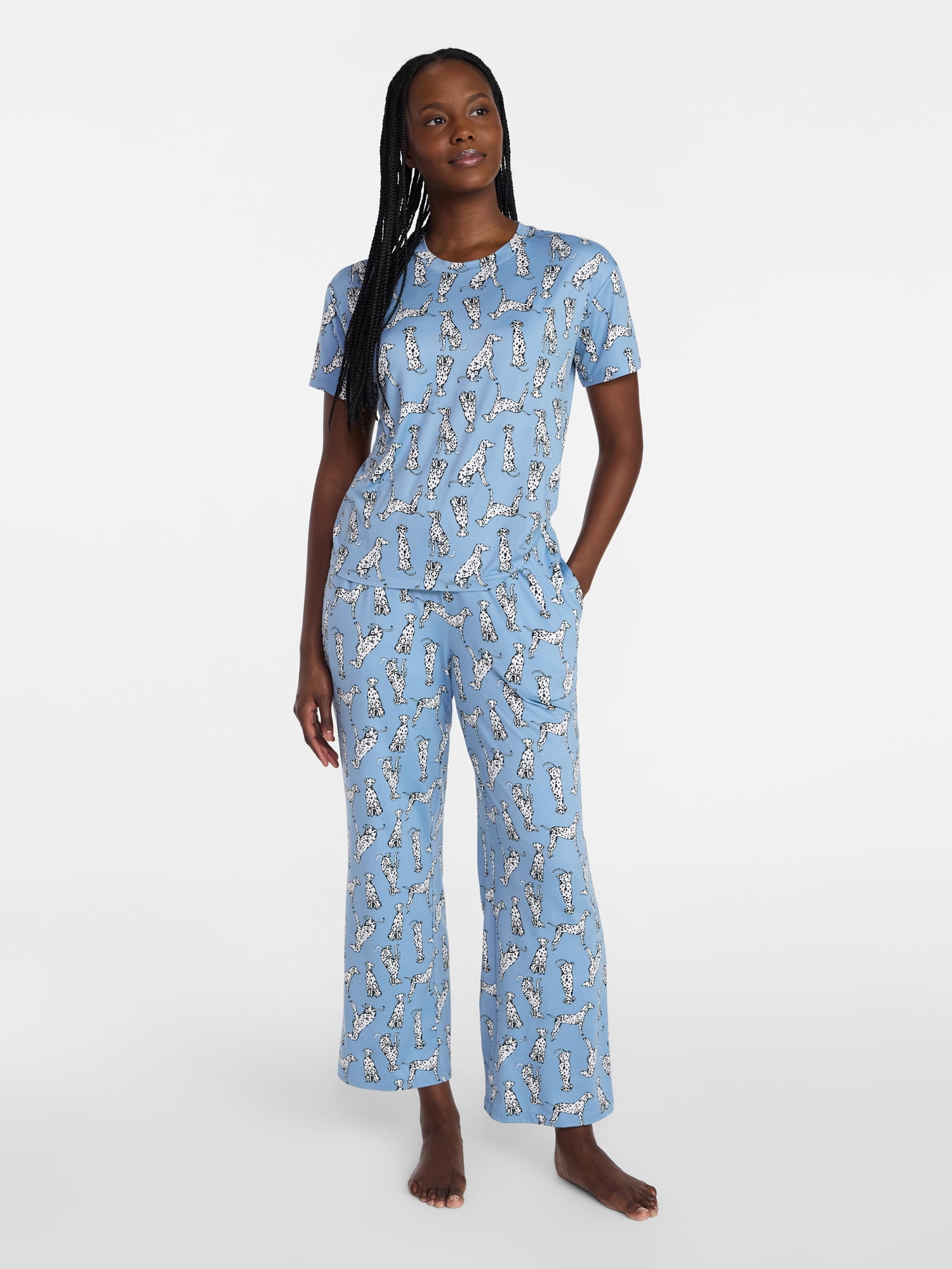 Joyspun Women's Dreamy Soft Collection Short Sleeve Sleep Top and Open Leg Pants Pajama Set, 2-Piece, Sizes XS-3X