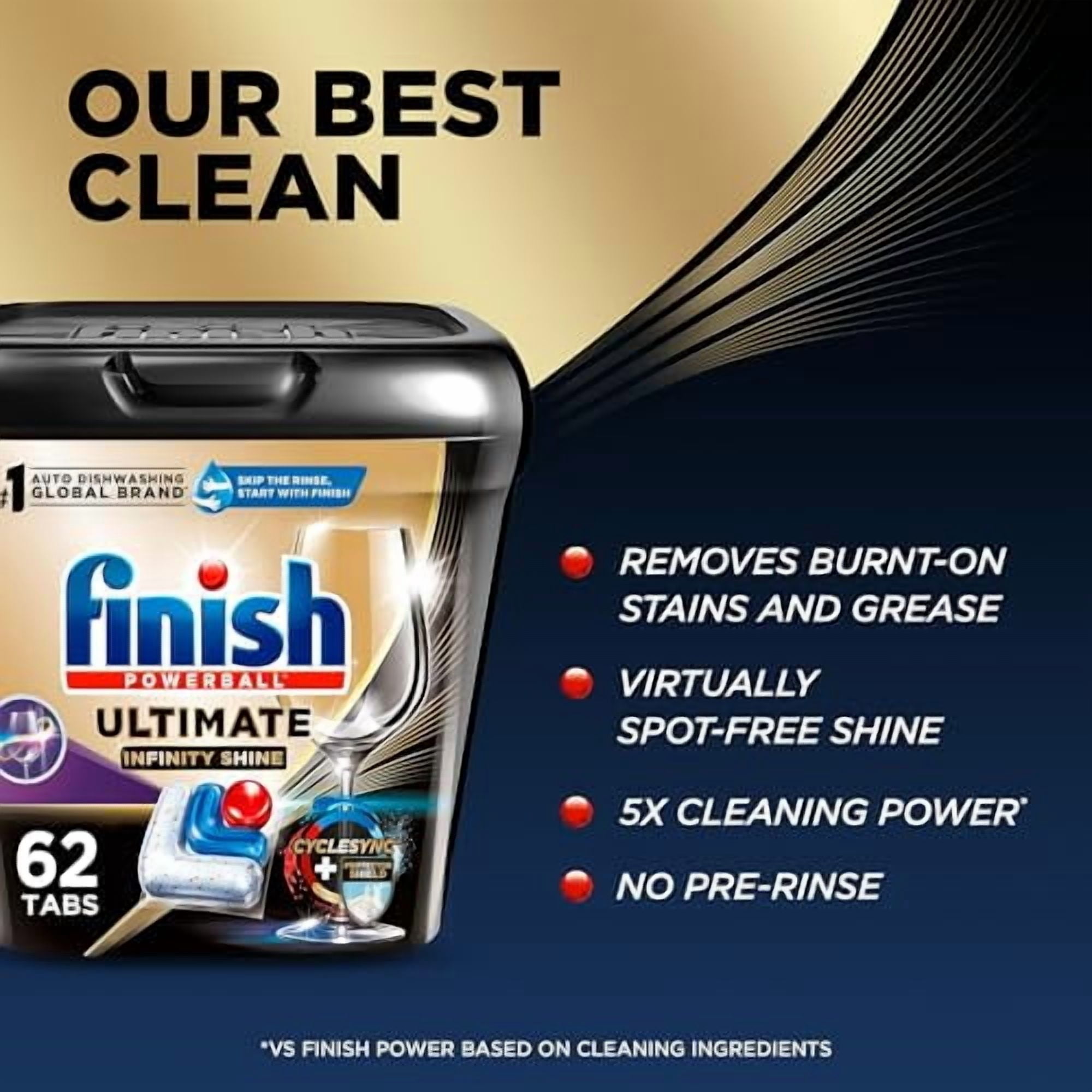 Finish Ultimate Infinity Shine Dishwasher Pods, No Pre-Rinse Dishwasher Detergent Soap Removes Burnt-On Stain, with Protector Shield & CycleSync Technology, Degreasing & Scrubbing